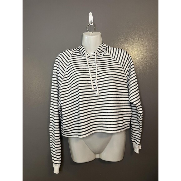 H&M Divided Hoodie Womens Medium Black White Striped Cropped Pullover Raglan - Picture 1 of 7